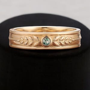 Vintage Moss Agate Round Leaf Mens Engagement Ring Nature Inspired Ring Minimalist Moss Agate Wedding Ring Solid Yellow Gold Ring For Him