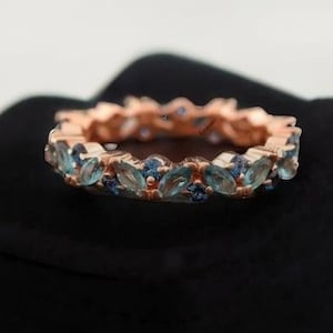 London Blue Topaz Marquise Cut Rose Gold Full Eternity Wedding Band Stacking Matching Band Women Engagement Ring Anniversary Ring For Love