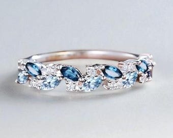 Aquamarine & London Blue Topaz Wedding Ring, Sterling Silver Anniversary Band