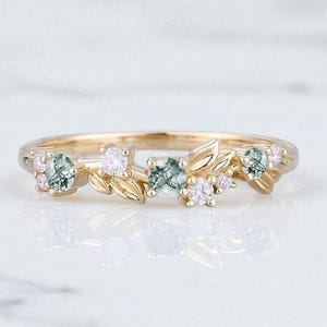 Nature Inspired Leaf Moss Agate Wedding Ring Gold Moissanite Wedding Band Delicate Leaf Design Promise Ring Anniversary Gift Women Ring Gift