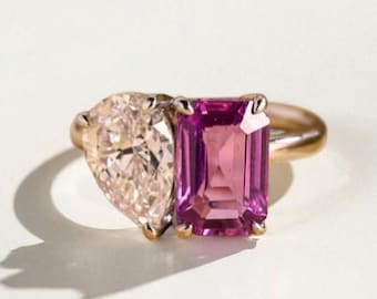 Amethyst Toi Et Moi Ring, Pear Moissanite, Art Deco Bridal Ring