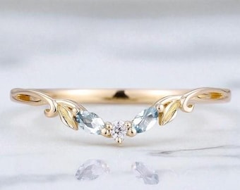 Marquise Aquamarine Wedding Band, Nature Inspired Leaf Ring