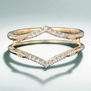 Unique Diamond Curved Wedding Band Yellow Gold Double Wedding Ring Enhancer Wedding Band Vintage Diamond Matching Band Enhancer Ring For Her