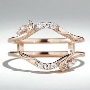Unique Leaf Branch Moissanite Ring Enhancer Moissanite Double Curved Wedding Band Rose Gold Stacking Matching Band Women Anniversary Ring