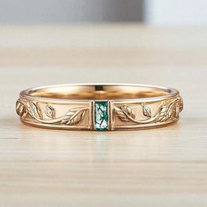 4MM Unique Green Moss Agate Mens Wedding Band Yellow Gold Nature Inspired Leaf Design Wedding Ring Vintage Promise Band Rings For Men