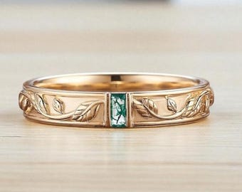 4 MM Einzigartige Grüne Moos Achat Herren Ehering Gelb Gold Natur Inspiriert Blatt Design Ehering Vintage Versprechen Band Ringe Für Männer