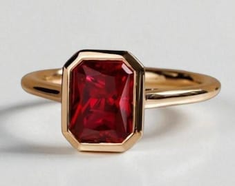 Emerald Cut Ruby Ring, Solid Gold Bezel Set Engagement Ring