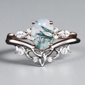 Natural Moss Agate Oval Cut Engagement Ring Moissanite Wedding Ring Bridal Women Ring Stacking Ring Solid Gold Anniversary Ring Gift For Her