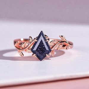 Vintage Kite Cut Blue Sandstone Engagement Ring Leaf Vine Rose Gold Solitaire Ring Wedding Promise Ring Anniversary Ring Unique Women Ring