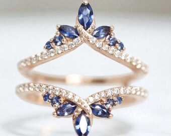 Vintage Blue Sapphire Marquise Ring, Double Band Enhancer