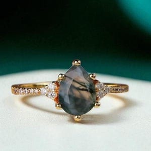 Moss Agate Gold Ring Sterling Silver Pear Moss Agate Vintage Ring Promise Engagement Ring Anniversary Ring Birthday Gifts For Her
