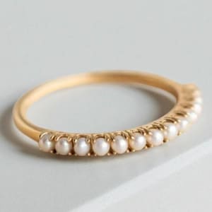Dainty Pearl Ring Delicate Pearl Ring Round Shape Natural Pearl Engagement Ring Unique 14K Solid Gold White Pearl Wedding Band For Women
