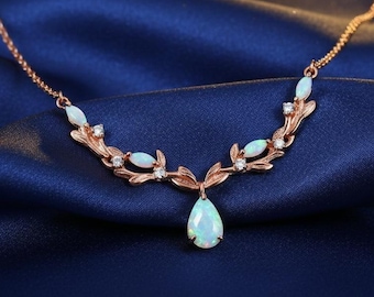Art Deco Pear Opal Necklace, Rose Gold Leaf Pendant