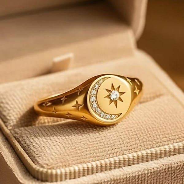 Moissanite Moon Star Ring, Gold Vermeil Sterling Silver, Art Deco Jewelry