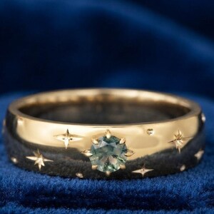 Celestial Moss Agate Wedding Ring, Round Cut Green Moss Agate Statement Green Agate Ring Bridal Ring Unique Ring Gift For Her Mens Ring