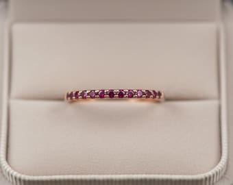 Dainty 14K Rose Gold Garnet Ring, Half Eternity Wedding Band