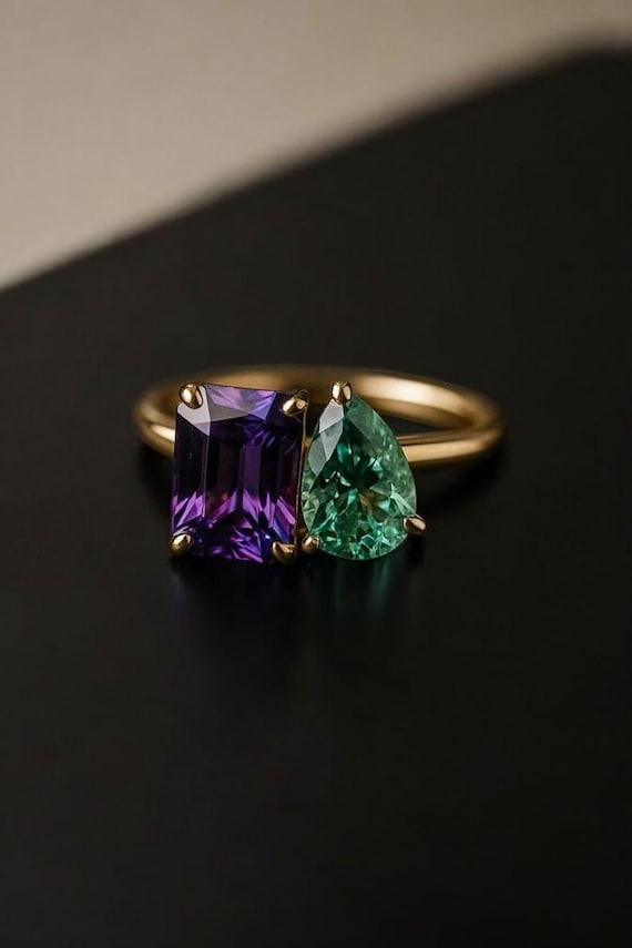 Toi Et Moi Ring: Emerald Amethyst & Pear Teal Sapphire, Sterling Silver