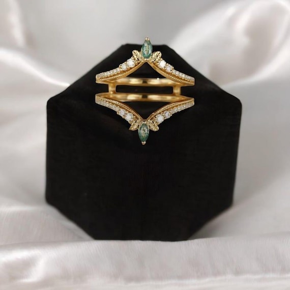 Moss Agate Marquise Enhancer Ring, Moissanite Yellow Gold Promise Band