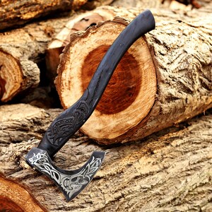 Handmade Viking Axe | Hand Forged Single Blade Norse Hatchet with Celtic Wolf Engraving | Black Viking Tomahawk | Viking Gift | Wall Decor