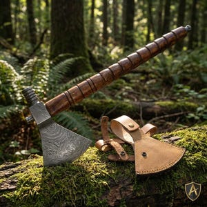 Handsmidd Tomahawk-yxa i damaskusstål | Vikinga-yxa med läderslida