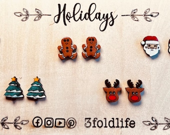 Christmas Holiday Stud Earrings Set of 5 Gifts Stocking Stuffers Santa Rudolph Gingerbread Stocking Snowman