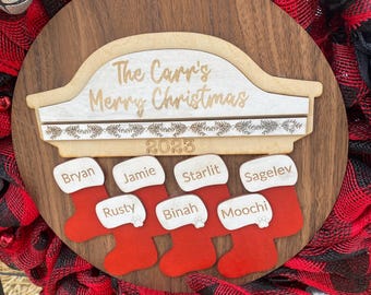 Cartello natalizio personalizzato per la famiglia, nomi personalizzati per la calza, legno inciso