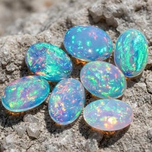 May include: Seven oval-shaped opals with a play of color, showcasing iridescent flashes of blue, green, and yellow. The gemstones are set against a rough, gray rock surface, highlighting their vibrant hues and natural beauty.