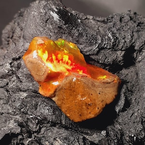 Peut inclure: Une opale vibrante aux couleurs internes orange, rouge et verte. L'opale est posée sur un fond sombre et texturé, mettant en valeur sa beauté naturelle. La pierre a une forme brute et organique, soulignant son état brut et non poli.
