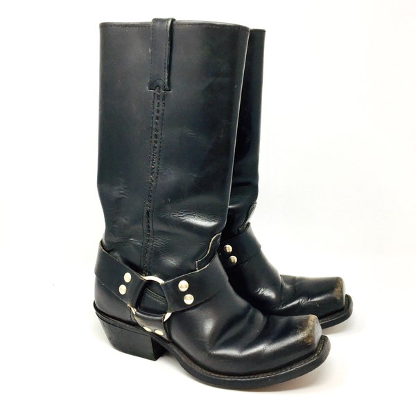 Women's Vintage Black Leather Harness Biker Boots, 1970s Black Leather Motorcycle Boots, Square Toe Cowgirl Fashion Coachella Festival