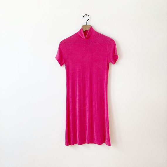 1990s Stretchy Mock-Neck Bubblegum Pink Dress, Sho