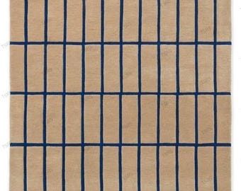 Beżowy, granatowy dywan w kratkę, nowoczesny dywan o geometrycznym wzorze, ręcznie robiony dywan w szachownicę, minimalistyczny dywan do salonu, współczesny wystrój domu