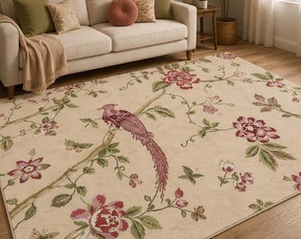 Dywan w stylu vintage z motywem ptaków, kremowy dywan botaniczny, dywan w stylu perskim, wystrój pokoju w stylu cottagecore, elegancki dywan boho, ręcznie robiony dywan