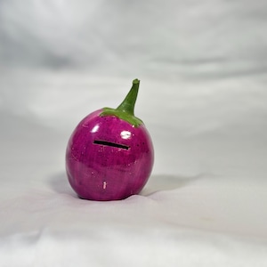 Eggplant Clay Piggy Bank – Handmade Vegetable Coin Bank, Fun Gift for Children