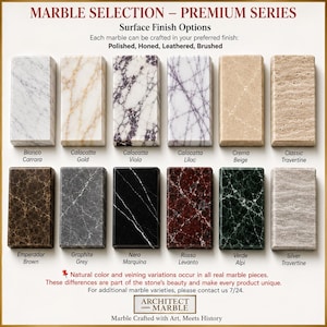 May include: A display of twelve rectangular marble samples labeled MARBLE SELECTION &ndash; PREMIUM SERIES. Varieties include Bianco Carrara, Calacatta Gold, Calacatta Viola, Calacatta Lilac, Crema Beige, Classic Travertine, Emperador Brown, Graphite Grey, Nero Marquina, Rosso Levanto, Verde Alpi, and Silver Travertine. Text indicates finish options and natural variations.