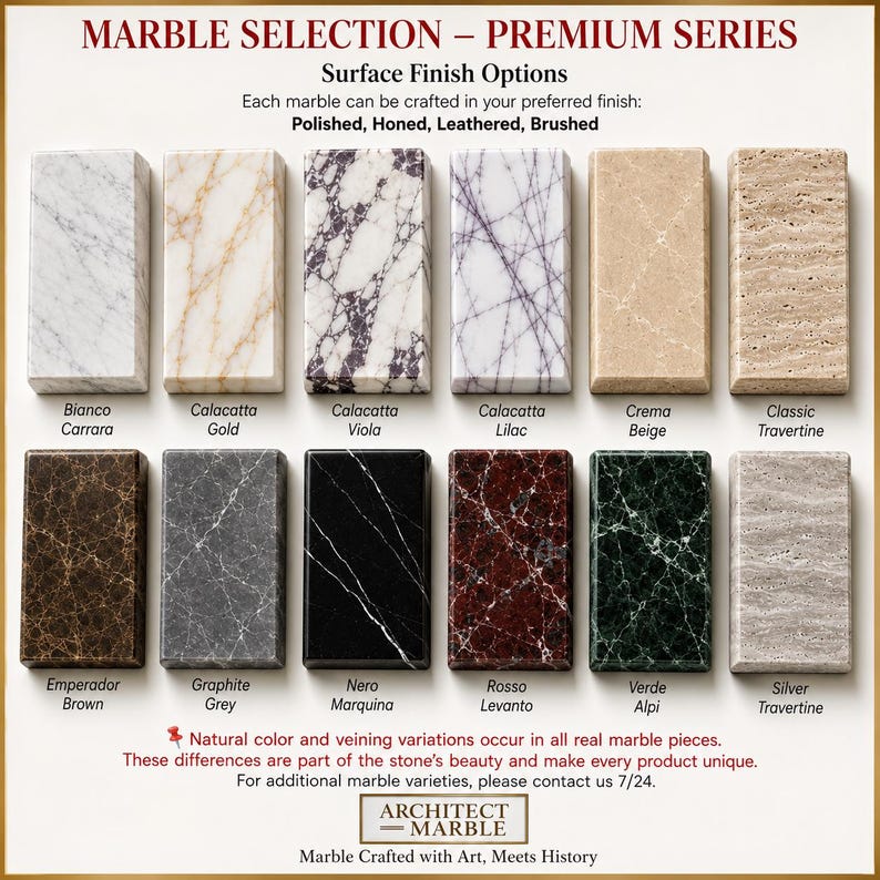 May include: A display of twelve rectangular marble samples labeled MARBLE SELECTION &ndash; PREMIUM SERIES. Varieties include Bianco Carrara, Calacatta Gold, Calacatta Viola, Calacatta Lilac, Crema Beige, Classic Travertine, Emperador Brown, Graphite Grey, Nero Marquina, Rosso Levanto, Verde Alpi, and Silver Travertine. Text indicates finish options and natural variations.