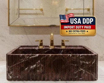 Handcrafted Rosso Levanto Marble Sink, No Extra Fees For USA DDP, AMSK250003