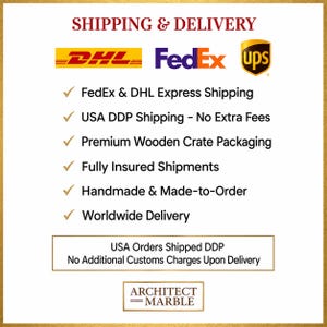 May include: A white informational graphic with the red text SHIPPING & DELIVERY, featuring DHL, FedEx, and UPS logos. It lists services including express shipping, DDP shipping, wooden crate packaging, insurance, and handmade production for Architect Marble.