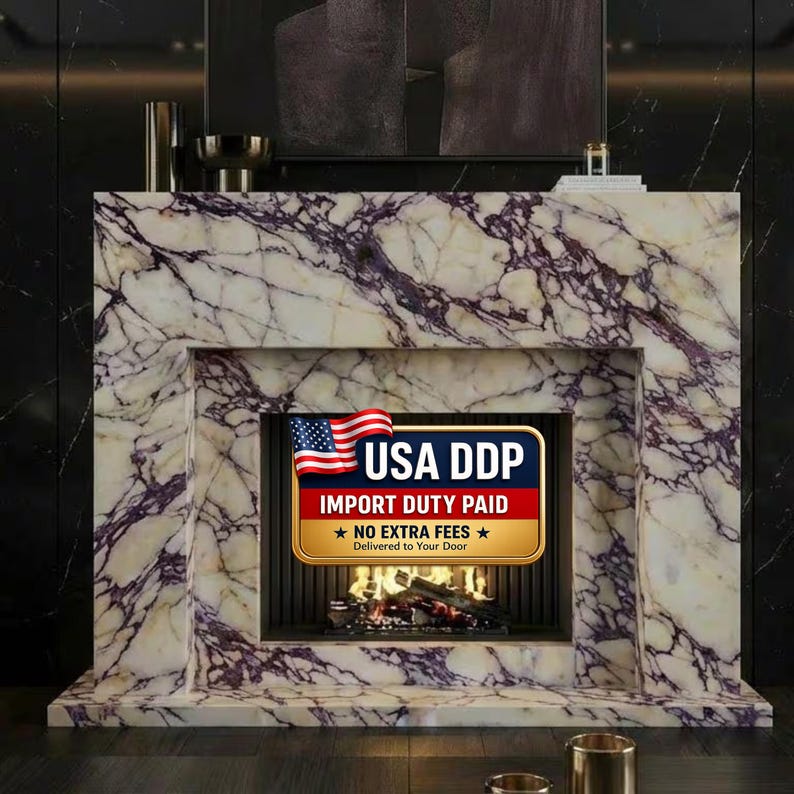 May include: A fireplace mantel crafted from white marble with prominent purple veining. The center features a rectangular sign with a US flag icon and the text: USA DDP IMPORT DUTY PAID NO EXTRA FEES Delivered to Your Door. A fire burns inside.