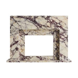 May include: A rectangular fireplace mantel surround crafted from polished stone featuring a cream-colored base with prominent, intricate dark purple and maroon veining throughout the entire structure, including the flat base and inner frame.