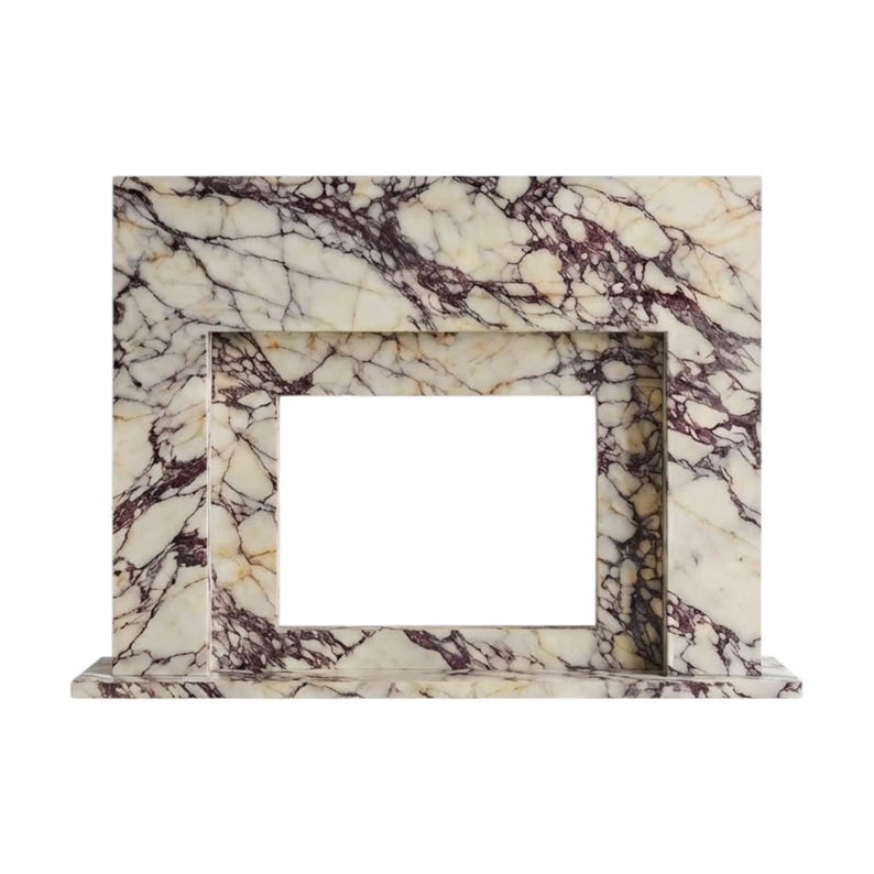 May include: A rectangular fireplace mantel surround crafted from polished stone featuring a cream-colored base with prominent, intricate dark purple and maroon veining throughout the entire structure, including the flat base and inner frame.
