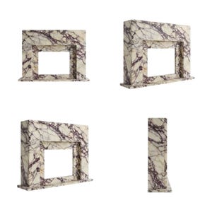 May include: A fireplace mantel surround crafted from white marble with prominent, dark purple veining. The structure features a rectangular frame with a central opening, shown from four different angles including front, side, and perspective views.