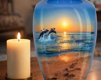 Blue Ocean Dolphin Cremation Urn, Adult Human Ashes Memorial Keepsake
