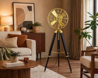Industrial Tripod Floor Fan with Black Wooden Stand | Retro Mid Century Living Room Décor | Statement Cooling Fan for Home Office