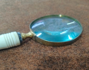 Vintage Brass Magnifying Glass with Ivory-Style Handle, 8 Inch