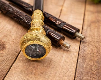 Brass Compass Handle Cane  Hardwood Walking Stick Grandfather Gentlemen Travel Gift 36 Inch