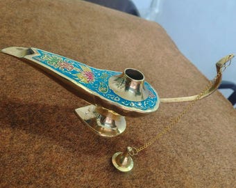 Brass Aladdin Lamp, Blue Enamel Arabian Decor, 8 Inch