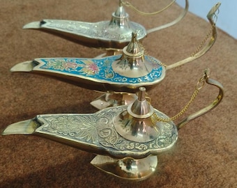 Blue Enamel Brass Genie Lamp Set – Arabian Aladdin Décor