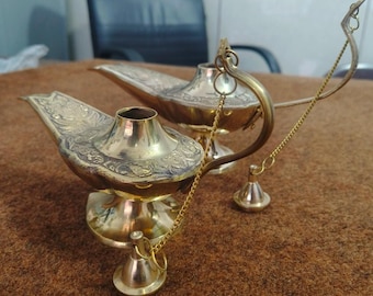 Vintage Engraved Brass Aladdin Lamps | Middle Eastern Decor, Set of 2