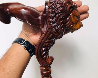 Hand-carved Lion Head Walking Cane, Luxury Wooden Walking Stick, 36 Inch