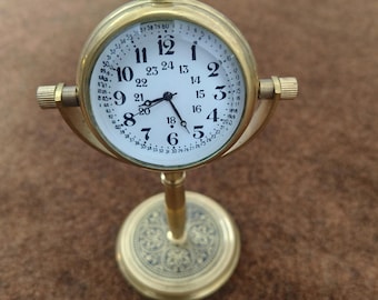 Vintage Brass Mechanical Table Clock – 24 Hour Dial – Classic Desk & Shelf Décor
